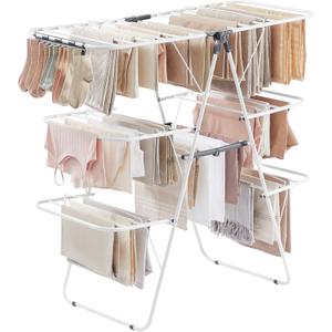 SONGMICS Clothes Drying Rack, Foldable 3-Level Laundry Rack, Free-Standing Large Drying Rack, with Height-Adjustable Wings, 39 Drying Rails, Sock Clips, White and Gray ULLR054W01