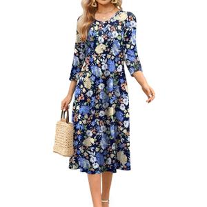 Soesdemo Long Sleeve Dress for Women Casual V Neck Pleated Button Down 3/4 Sleeves Knee Length Midi Dresses with Pockets (Medium, Blue Flowers)