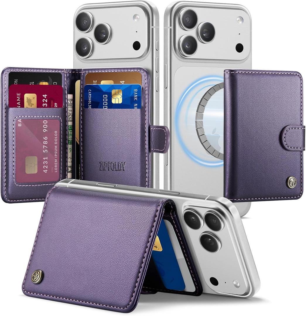 For Magsafe Wallet, Magnetic Phone Wallet with RFID Blocking 6-Card Holder for Men Women Minimalist Slim PU Leather Kickstand for iPhone 17 Air 16 15 14 13 12 Pro Max Plus, Elegant Purple