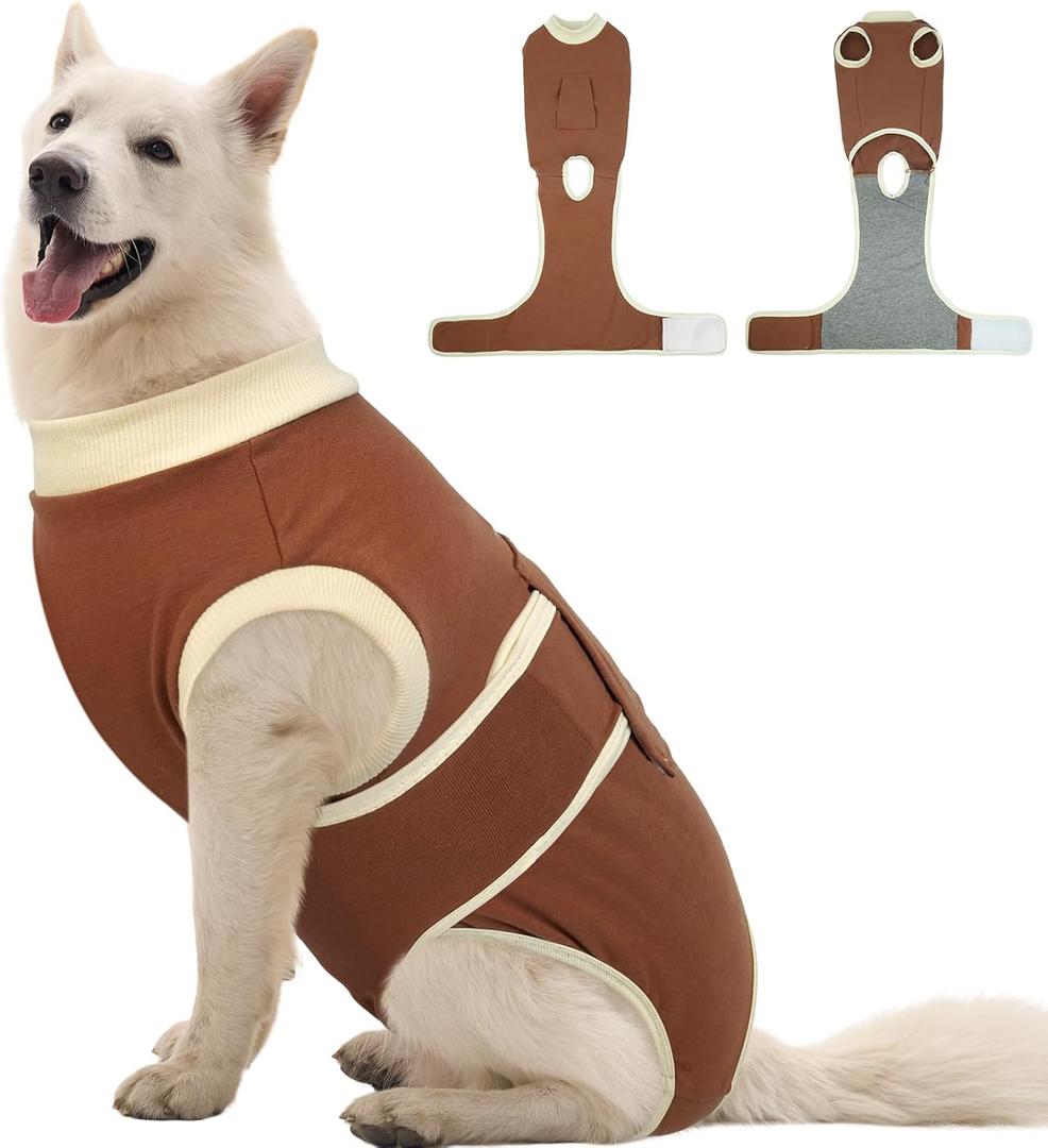 Kuoser Dog Recovery Suit, Soft & Breathable Fabric, Anti Licking, Cone Alternative, Brown, XX-Large (70+ LB) (Xx-large (Back: 24.8" - 29.5"; Weight: 70+ Lb))