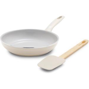 GreenPan Dover 8 Frying Pan Skillet with Spatula, Non-Toxic PFAS-Free Ceramic Nonstick Coating, Sear Saute Fry Egg Omlete, Dishwasher & Oven Safe, Stay Cool Handle, Easy Pour Rims, Cream White