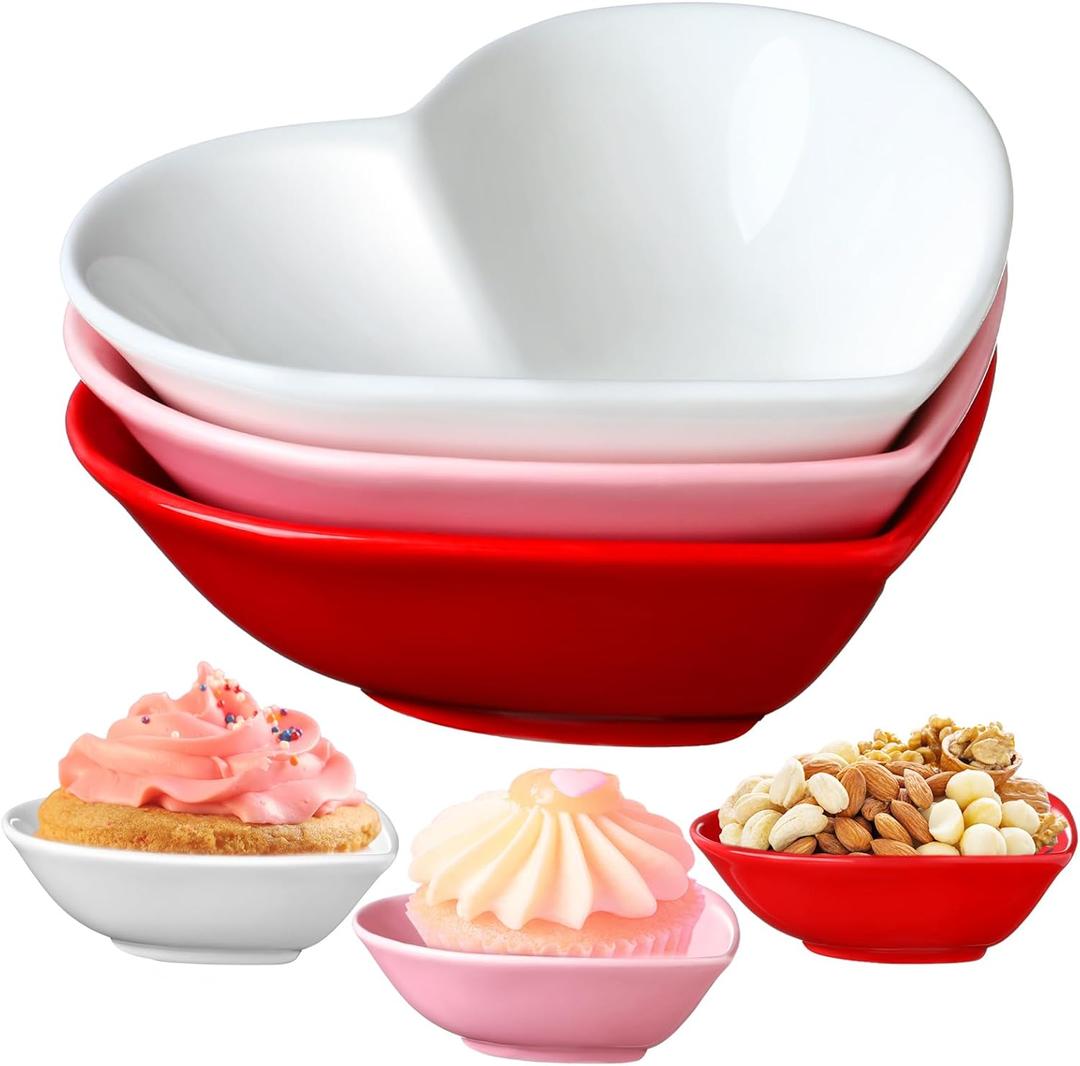 Tioncy 3 Pcs Heart Shaped Ceramic Bowls Valentine's Day Salad Bowls 5 Inch Love Heart Appetizer Plates, Dessert Snack Dishes Gifts for Valentine's Day Party Wedding Birthday Party Red Pink White