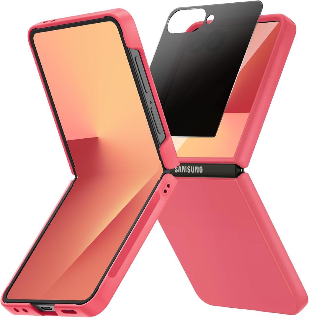 Ruky for Z Flip 7 Case with Privacy Screen Protector, Full Body Cover Anti-Scratches Shockproof Hard PC Ultra-Thin, Support Wireless Charging Protective Phone Cover for Samsung Z Flip 7, Coralred