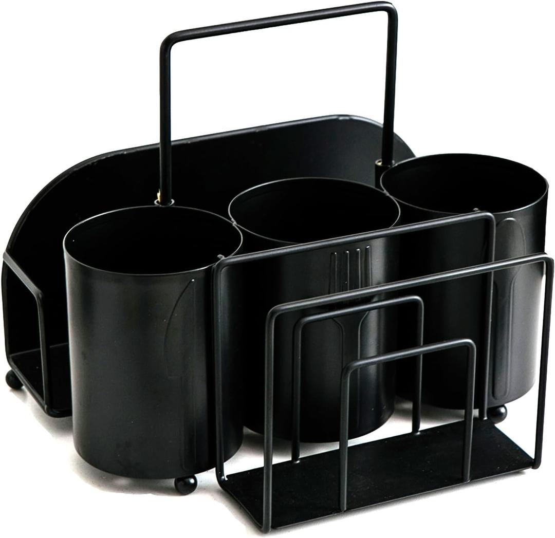 Silverware Caddy Utensil Holder for Countertop Utensil Caddy with Paper Plate Napkin Holder Cutlery Flatware Silverware Organizers for Outdoor Party Camping Picnic - Black Metal