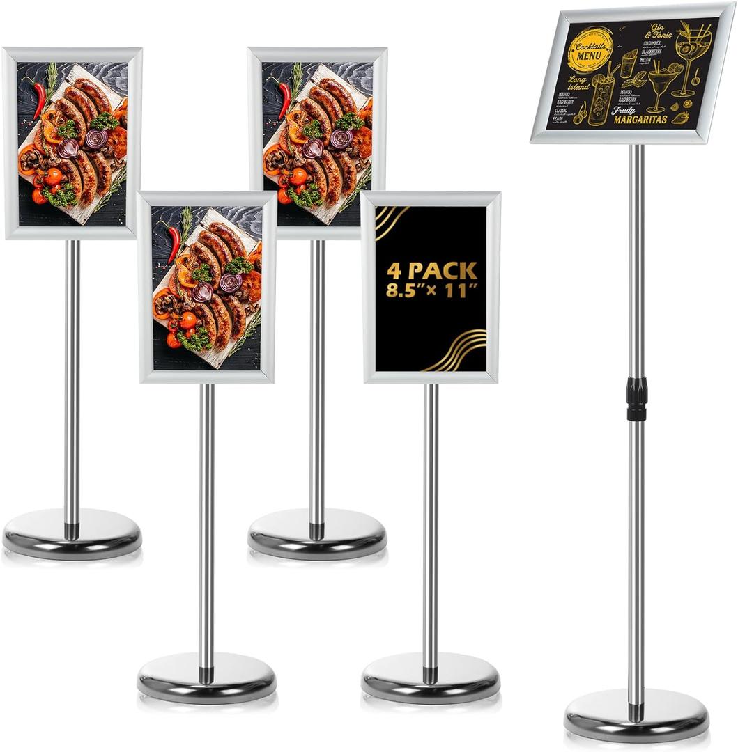 LEIFIDE 4 Pack Sign Holder Stand 8.5 x 11'' Adjustable Heavy Duty Pedestal Floor Sign Holder Poster Stand for Outdoor Indoor Advertising, Rotatable, Vertical & Horizontal View Displayed(Silver)