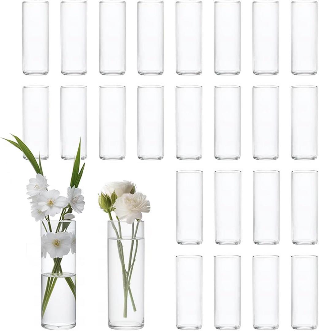 25 Pack Glass Vases for Centerpieces, 8 Inch Tall Small Clear Glass Flower Vase Cylinder Vases for Centerpieces Wedding Home Table Decor (25)