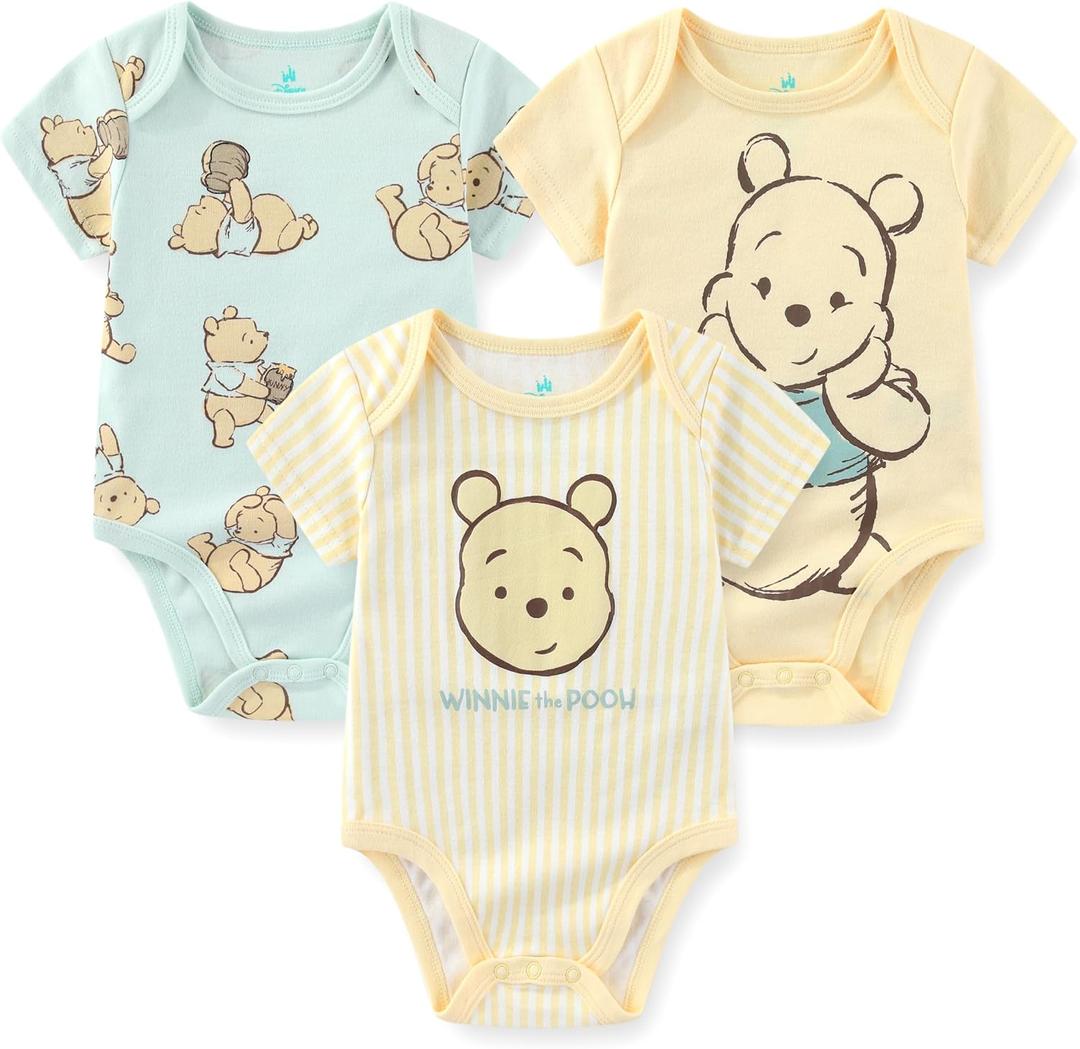 Disney Winnie the Pooh Baby Boys 3 Pack Bodysuit Creeper for Newborn and Infant (6-9 Months, Yellow/Blue)