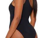 One Shoulder Swimsuit Tummy Control One Piece High Cut Mesh Black | 85% nylon 15% spandex, double lined for non-see-through coverage. Mesh patchwork with optical slimming effect, high cut leg (L)