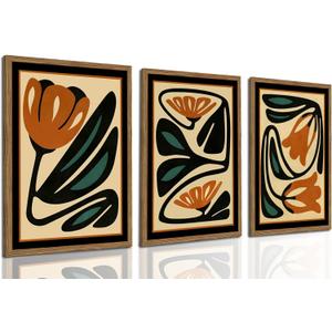 Mid Century Floral Wall Art Set of 3, Modern Abstract Botanical Wall Decor Picture, Vintage Boho Eclectic Plant Canvas Prints Paintings for Bedroom Living Room 16x24 inch Framed