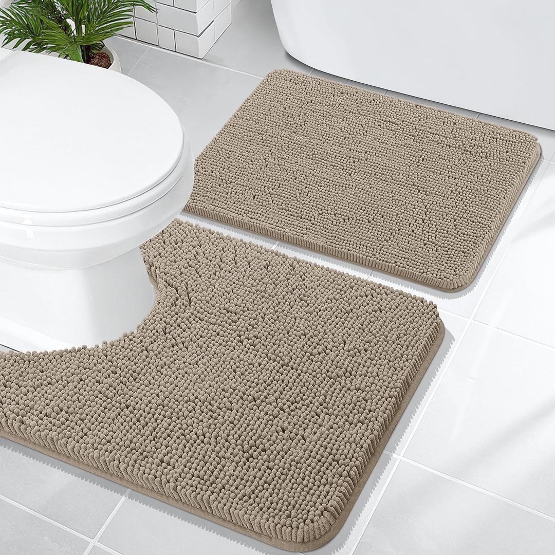 OLANLY Bathroom Rugs Sets 2 Piece, Soft Absorbent Chenille Bath Mats and U-Shaped Contour Toilet Mat Area Rug Set, Machine Washable Bath Carpet, Home Decor Accessories(24"x16"+24"x20", Warm Taupe)