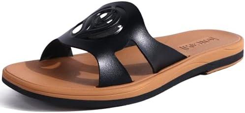 ONCAI Slides for Womens,Flat Dressy Square Toe Summer Beach Sandals for Woman with Comfortable Non-slip Rubber Soles Size 9