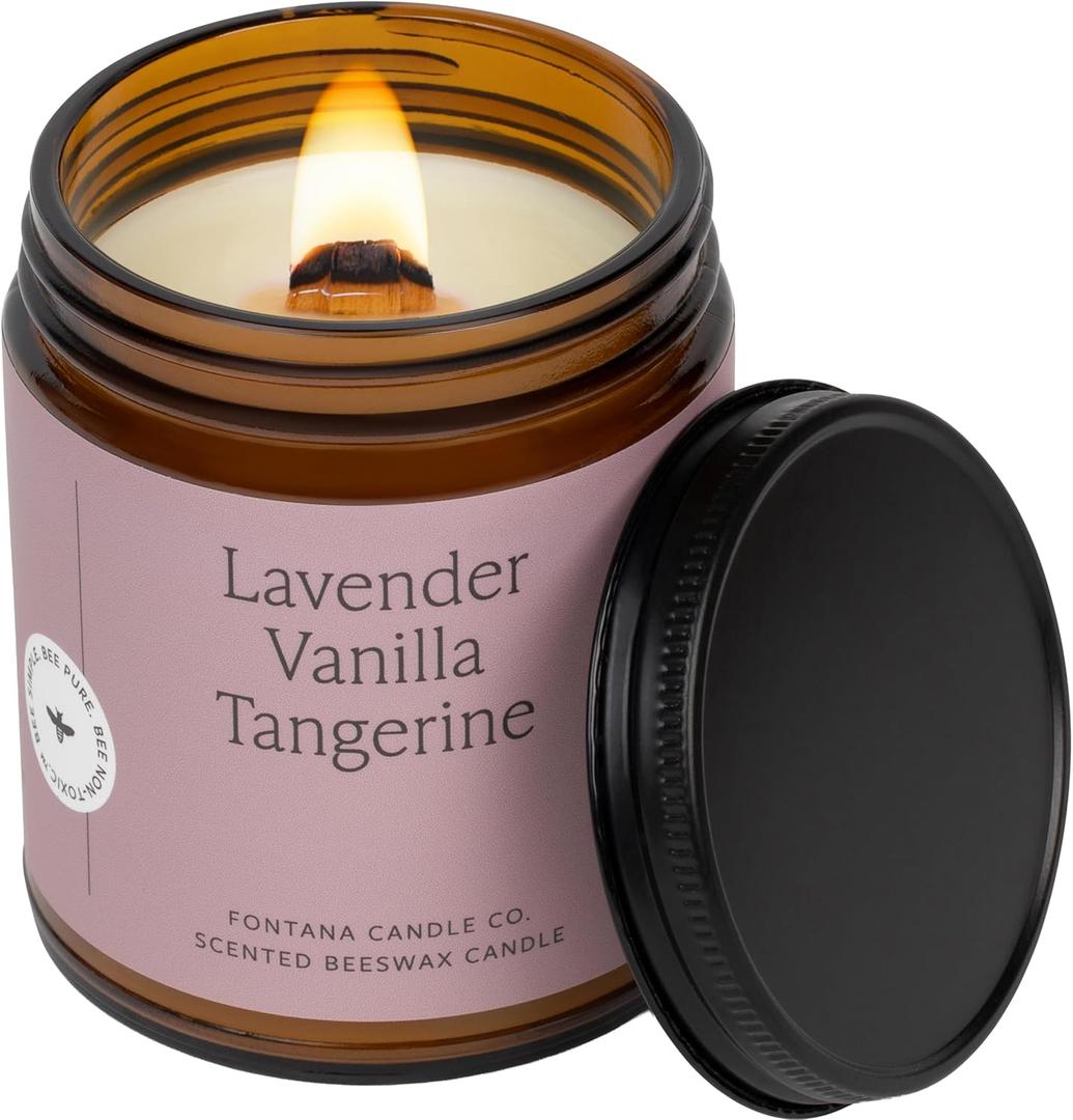 Fontana Candle Co Wood Wick Beeswax Jar Candle, Lavender Vanilla Tangerine Made Safe with Coconut Oil & Pure Essential Oils 35+ Hrs Clean Burn, Long Lasting and Non-Toxic Candles for Home & Room