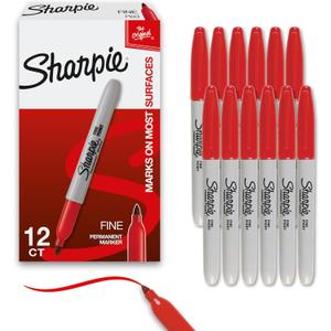 Sharpie Permanent Markers Set Fine Tip Markers Quick Drying And Fade Resistant For Plastic Metal Wood And More Drawing Coloring And Poster Marker Red 12 Count
