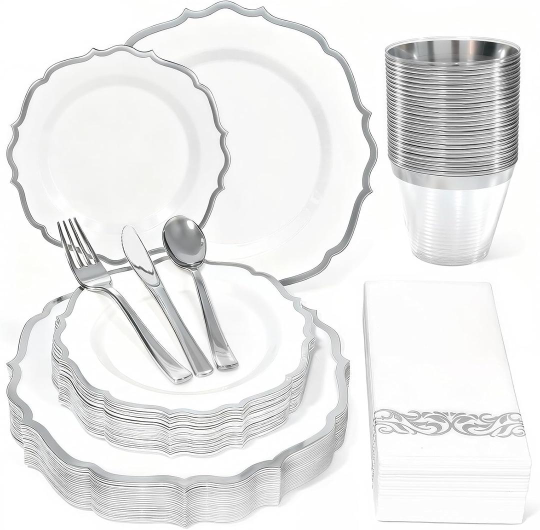 175 Plastic Dinnerware Set,Silver Disposable Dinnerware Set for 25 Guests Include 50 Plastic Plates,25 Silverware Set,25 Cups and 25 Napkins for Christmas,Party,Wedding,Thanksgiving