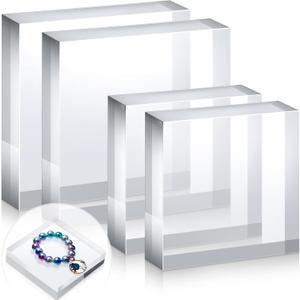 Vicenpal 4 Pieces Acrylic Square Display Block 3 x 3 x 1 Inches, 4 x 4 x 1 Inches Clear Polished Acrylic Cube Acrylic Jewelry Display Stand Ring Showcase Display Holder Base