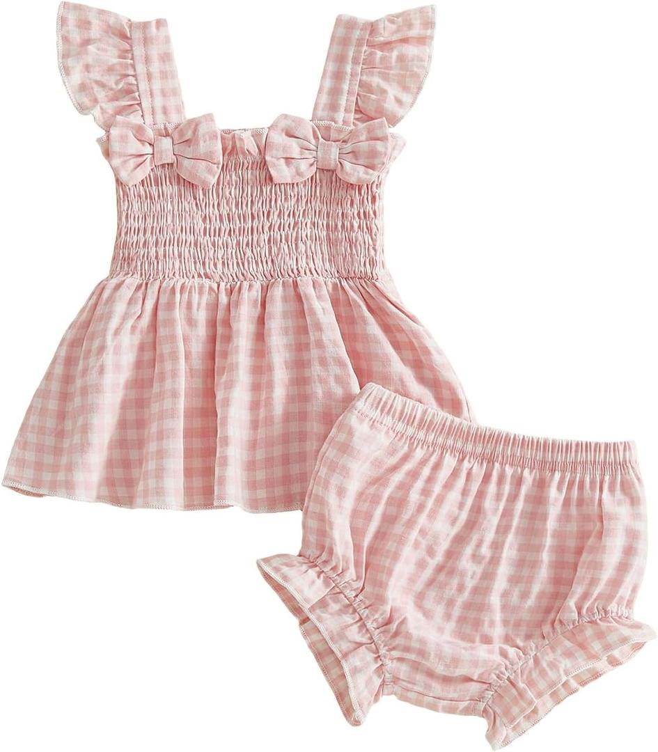 Baby Girl Clothes Infant Summer Outfits Set Plaid Ruffle Sleeve Shirt Tops and Bloomers Shorts (Pink)