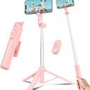 Selfie Stick Travel Tripod for Cell Phone with Remote Control and Phone Holder, Extendable Selfie Stick for iPhone, iPhone Tripod for Video Recording, 50 Inch, Pink