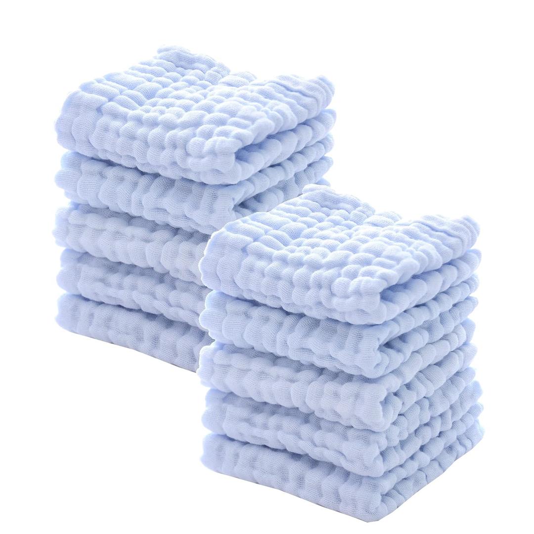 MUKIN Baby Washcloths - Natural Cotton Baby Wipes - Soft Newborn Face Towel for Sensitive Skin - 10 Pack, 12x12 inches (Blue)