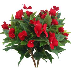 2 Pcs Artificial Impatiens Flowers for Outdoors Faux Impatiens Bushes Red Silk Flowers Greenery Faux Flowers for Outdoor Planters Patio Lawn Garden Balcony Pot Hanging Basket Porch Decoration