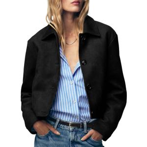 Women's Faux Suede Cropped Jackets Button Down Coat Cropped Casual Jacket Fall Fashion Outerwear Trendy Clothes, Size S, (Black)