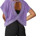 UNIANKIYA Open Back Workout Tops for Women Loose Fit Athletic Crop Tee Short Sleeve Gym Running Yoga Shirt (XL, Purple)