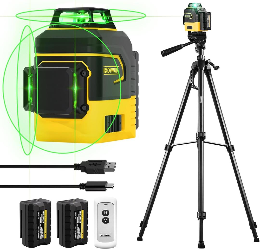 IKOVWUK Laser Level with Tripod, Laser Level 3x360 Self Leveling 12 Green Line, Rechargeable Battery 2 x 3000 mAh & Type-C Charging Port, Compact Adjustable 1.6M Tripod & Carry Pouch Included