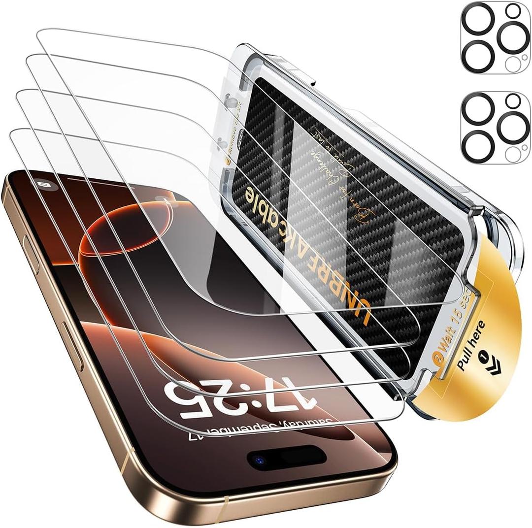 UNBREAKcable for iPhone 16 Pro Max Screen Protector 4+2 Pack [9H+ Military-Grade Shatterproof] [Effortless Bubble-Free Installation] Ultra HD Clarity Tempered Glass with Lens Protector, Case friendly