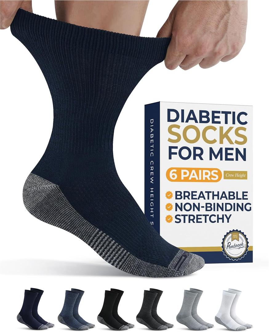 Pembrook Diabetic Socks for Men - 6 Pairs Crew Diabetic Neuropathy Socks for Men | Non Binding (Gray)