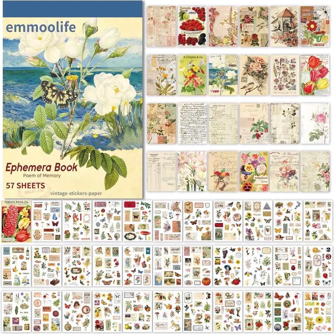 Ephemera Sticker Book for Journaling with 512 Botanical Stickers & 25 Scrapbook Papers, Ephemera for Junk Journal, Journaling Supplies for Crafts