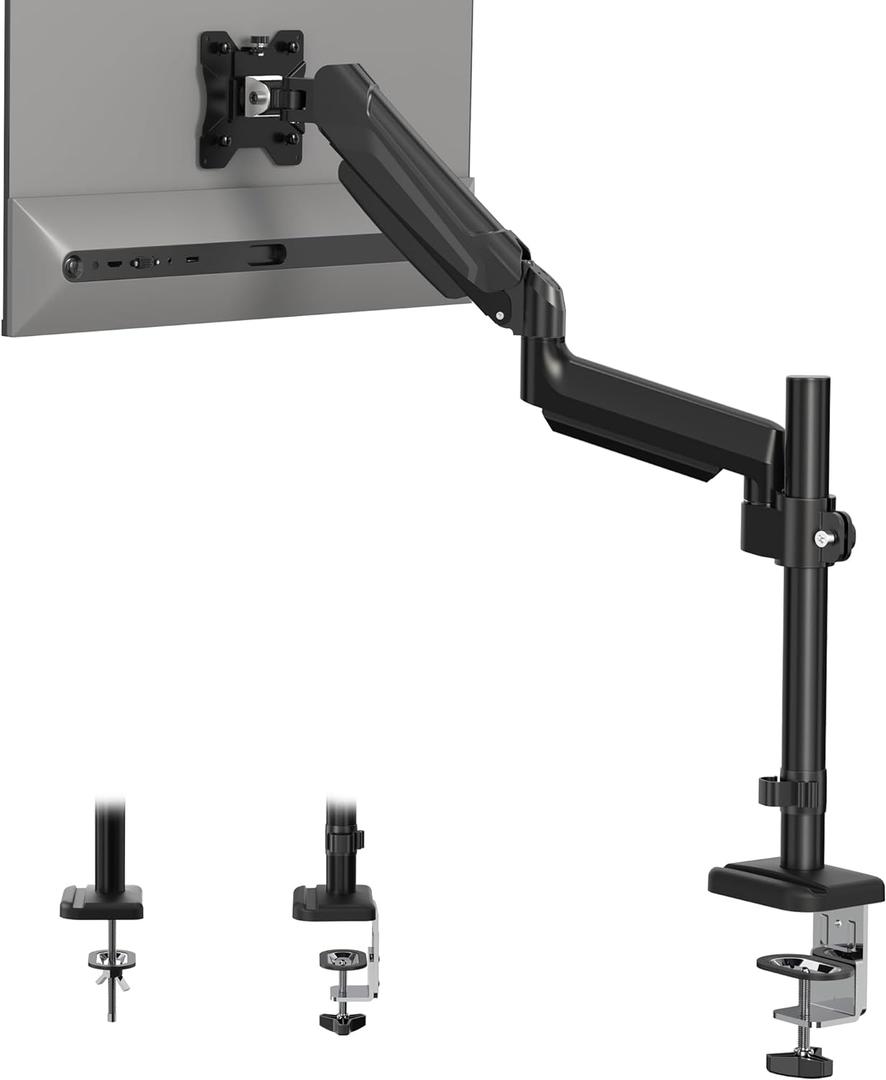 BONTEC Single Monitor Arm Desk Mount for 13-34 Inch Screens, Adjustable Gas Spring Arm with Tilt, Swivel, Rotation, VESA 75x75mm 100x100mm, Holds up to 19.8lbs, C-Clamp & Grommet Base, Ergonomic Stand