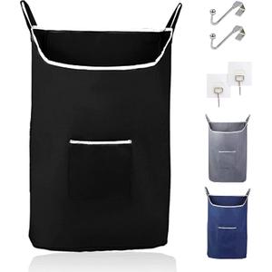 The Fine Living Co. X-Large Hanging Laundry Hamper with Over Door Hooks & Adhesive,Durable Space Saving Laundry Bag with Zipper and Wide Open Top,Hanging Dorm Laundry Hamper 20"x3.75"x31" (Black-XL)