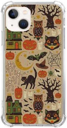 Vintage Halloween Design Phone Case for iPhone 14 Plus, Hippie Cat Skull Pumpkin Pattern Cover for Girls Boys for iPhone 14 Plus, Unique Trendy TPU Bumper Cover Case