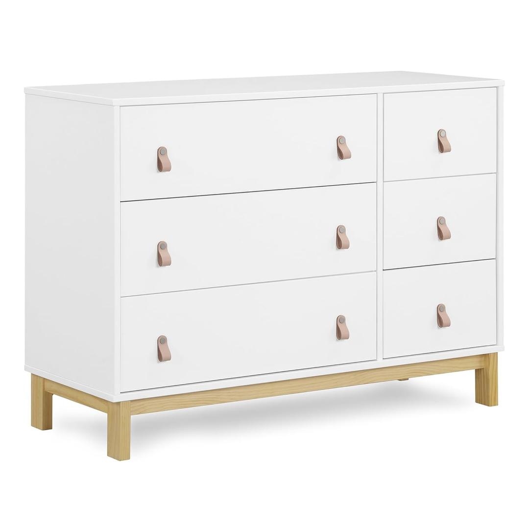 GAP babyGap Legacy 6 Drawer Dresser with Leather Pulls and Interlocking Drawers - Greenguard Gold Certified, Bianca White/Natural (19.3"D x 47.5"W x 35.3"H (6 Drawers))