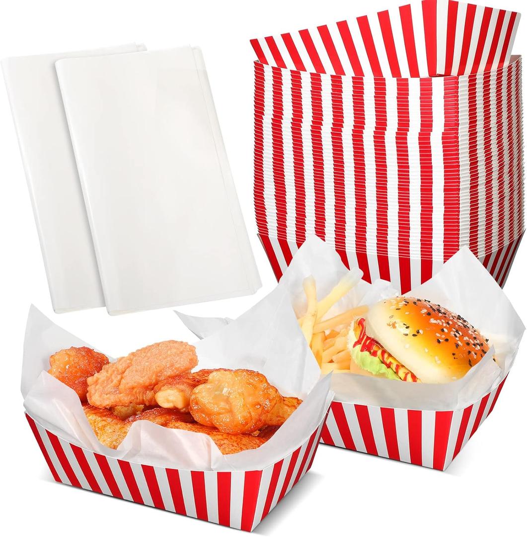 Rtteri 50 Pcs Carnival Party Paper Trays with Greaseproof Liner - Striped Circus Food Boats for Carnival Party Supplies (Red and White Stripes)
