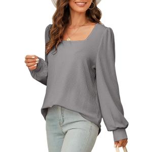 Dokotoo Women's Square Neck Puff Sleeve Casual Loose Ribbed Knit Soft Blouses Tuinc Tops (Medium, Medium Grey)