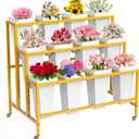 VGMiu Flower Display Stand with 12 Buckets, Flower Cart 3 Layers Gold Metal Flower Bar Stand with Wheels, Moving Florist Bouquet Shelf for Weddings Florist Indoor Outdoor Patio Garden Living Room