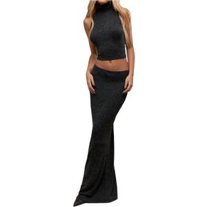 Verdusa Women's 2 Piece Skirt Sets High Neck Fitted Crop Tank Tops and Bodycon Maxi Skirts Set (Black), Xsmall