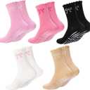 5 Pairs Women Pilates Grip Socks with Ruffle, Cute Non Slip Yoga Socks Bow Frilly Crew Sock for Barre Yoga Dance Workout Barefoot Fitness Hospital Home (Pink)