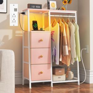 Dresser with Hanging Rack, Led Dresser with Charging Station, 3 Fabric Drawers Dressers with Clothes Rack, Shoe Rack for Small Space, Chest of Drawers for Bedroom, Kids Room, Pink