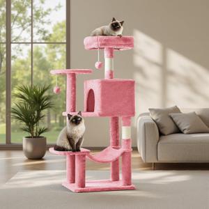 Sweetcrispy 44 Inch Cat Tree Tower, Cat Climbing Tower with Natural Sisal Scratching Posts, Hammock, Pet Condo for Indoor Cats and Kittens Play, Pink