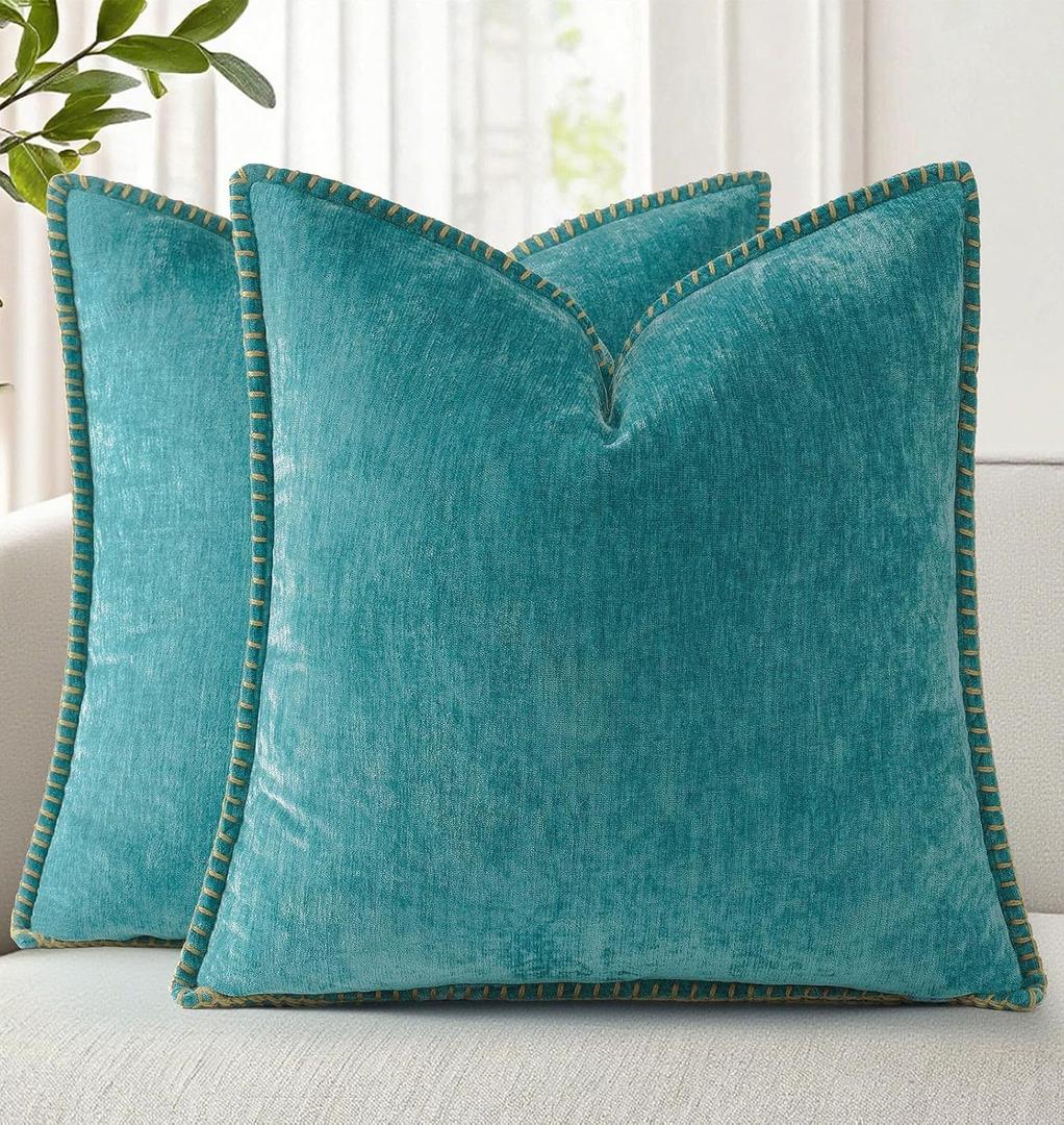 decorUhome Soft Chenille Throw Pillow Covers 22x22 Set of 2 Turquoise