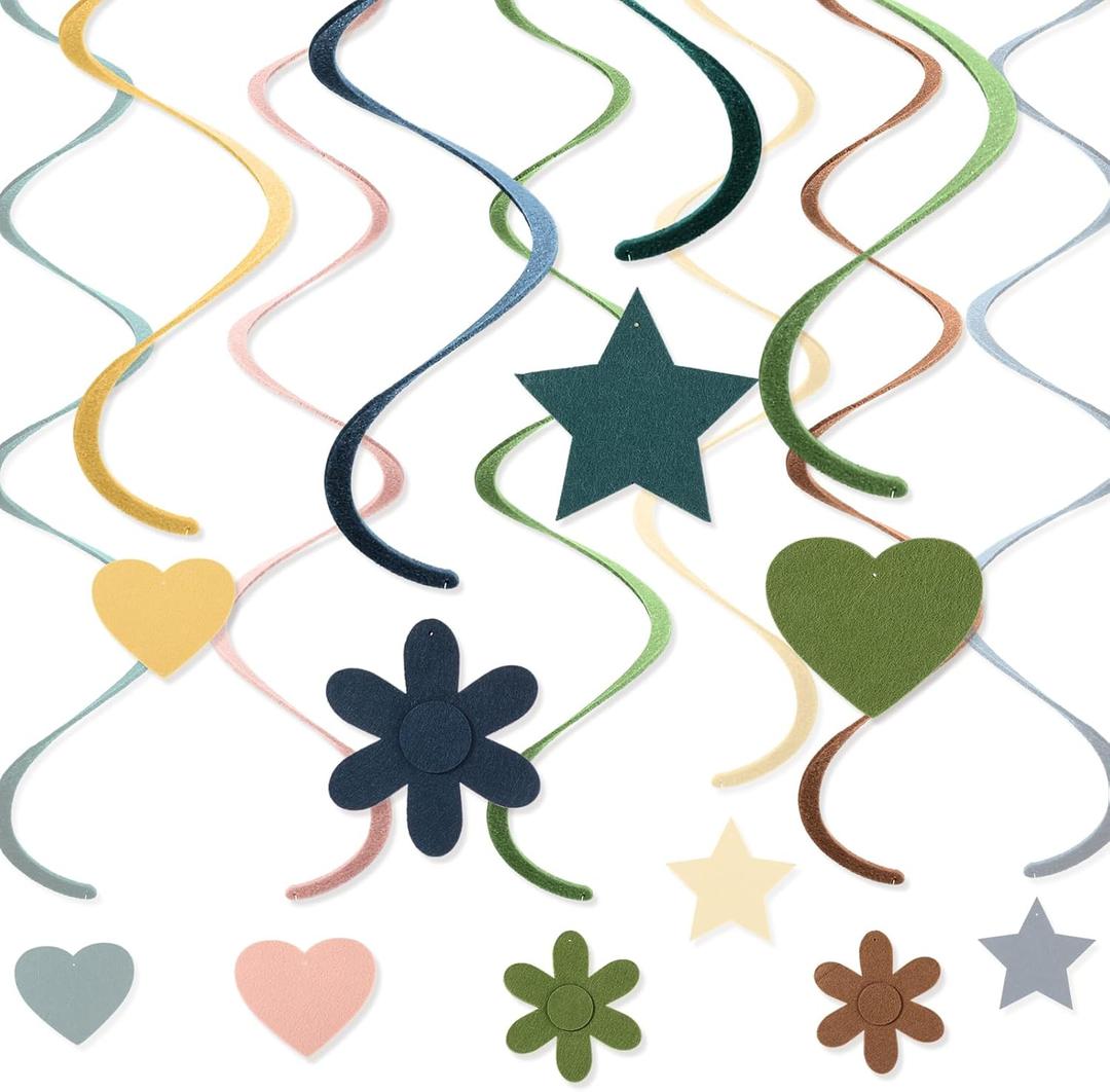 Breling 72 Pcs Felt Colorful Hanging Swirl Decorations Rainbow Ceiling Streamer Crafted Flowers Stars Hearts Spiral Garland for Baby Shower Birthday Wedding Party Classroom Supplies(Morandi Color)