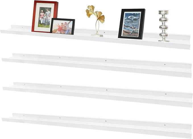 MITREL Picture Ledge Shelf,Long Floating Shelves with Lip Set of 4,Rustic Photo Frames Shelves Vinyl Record Book Storage Display for Living Room Kids Nursery Bedroom Kitchen Bathroom,57"(White)