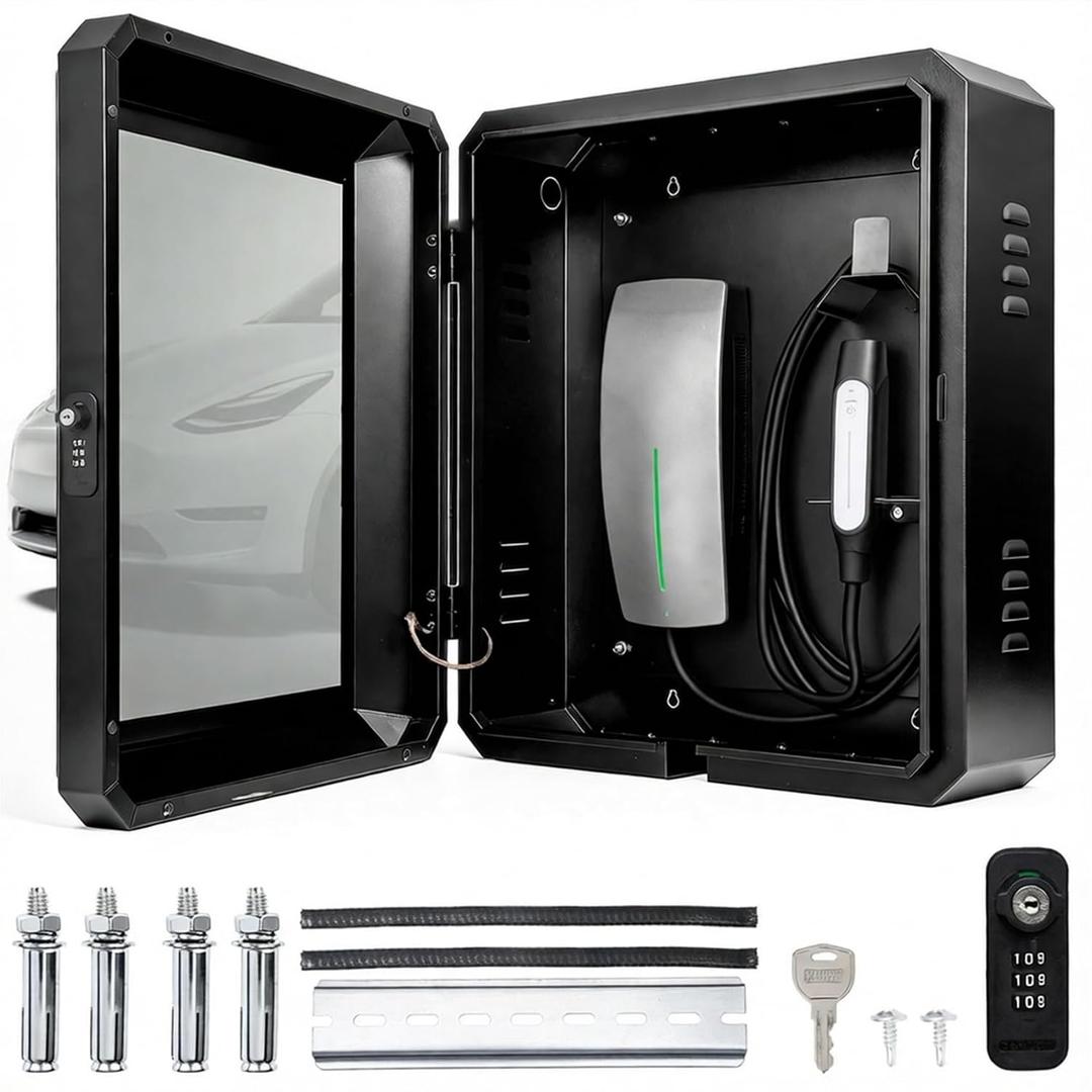 Universal EV Charger Enclosure Outdoor Box, Multiple Cable Entry Lock Box, Compatible with Tesla Model Y/3/S/X, Weatherproof Anti-Theft Enclosure-Fit Most EV Chargers