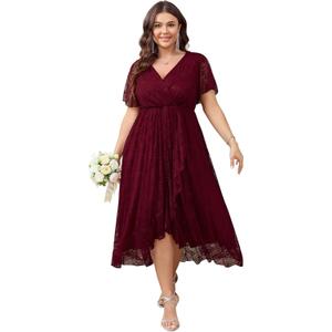 SCOMCHIC Womens Plus Size Wedding Guest Dress Formal Lace Wrap V Neck High Low Short Sleeve Cocktail Maxi Dresses XL-4XL (3X-Large Plus, Burgundy)