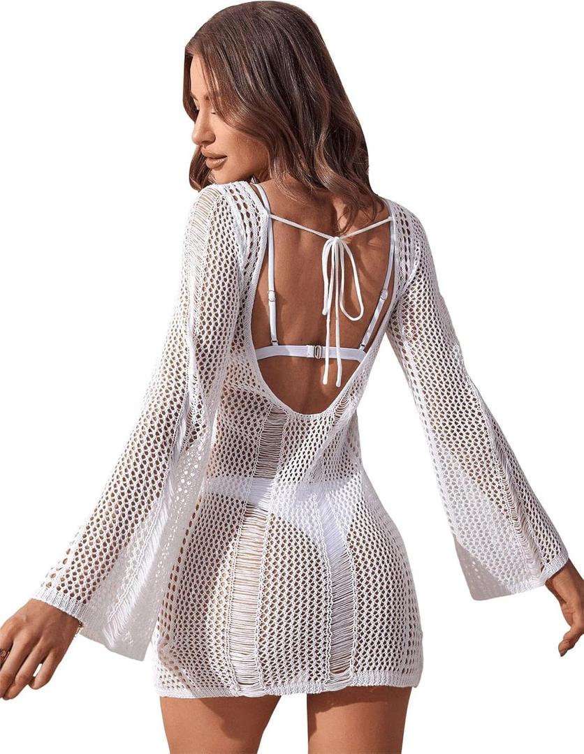 Floerns Women's Crochet Cover Up Long Sleeve Hollow Out Bikini Swimsuit Beach Cover Up Swimwear White, XS