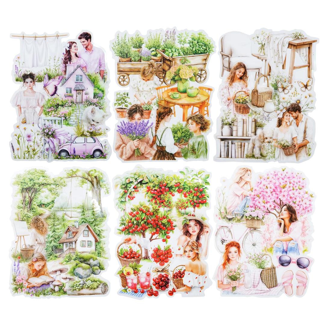 AuriicLeaf Garden Girl Sticker Set, 120PCS PET Vintage Nature Stickers for Journaling, Scrapbooking, Planner Supplies and DIY Crafts