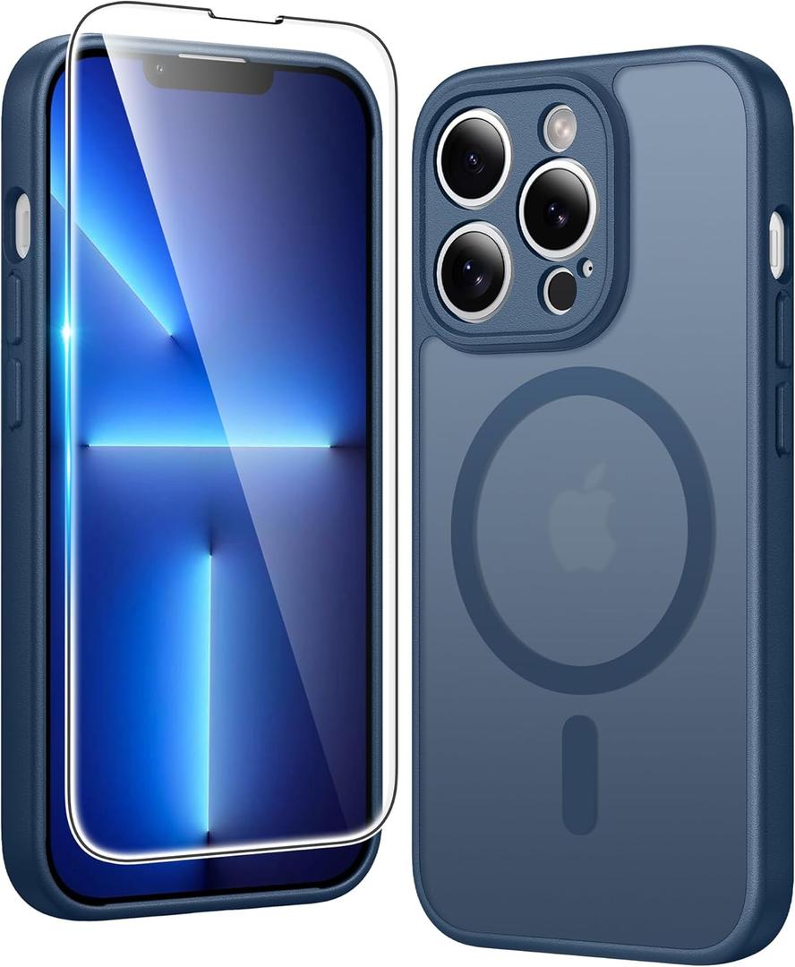 FNTCASE for iPhone 13 Pro Case: Matte Magnetic Phone Cases with Screen Protector Compatible with Magsafe Slim Anti Yellowing Rugged Shockproof Protective Translucent Cell Phone Cover (C-Blue)