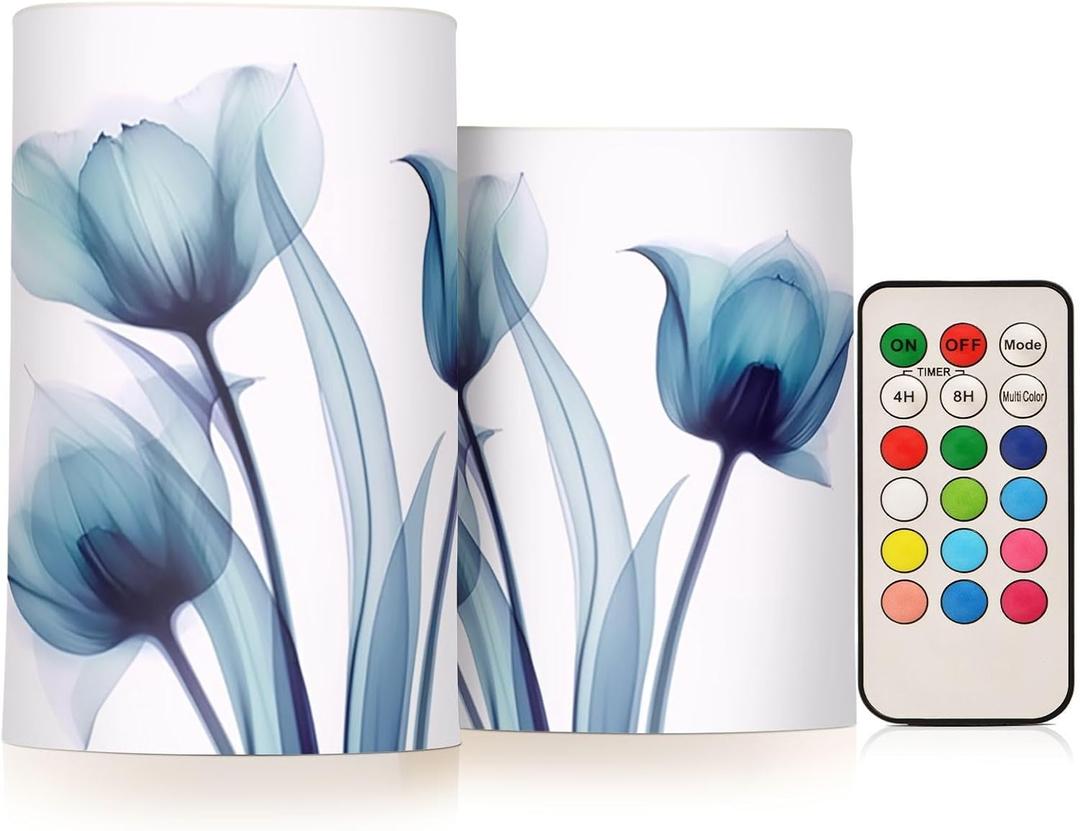 Flickering Flameless Candles, Blue Tulip Flower LED Candles with Remote Timer, Set of 2 Battery Operated Candle for Valentine Wedding Birthday (D3" x H5", D3" x H4", A1940)