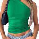 ForeFair Women One Shoulder Going Out Crop Tank Tops Slim Fit Sleeveless Shirts Y2k Cute Top (X-Small, Green)